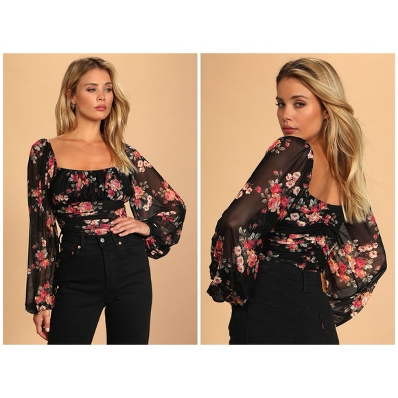 LULUS Bloom into Autumn Black Floral Print Ruched Mesh Bodysuit Long Sleeve Sz S - Picture 1 of 8